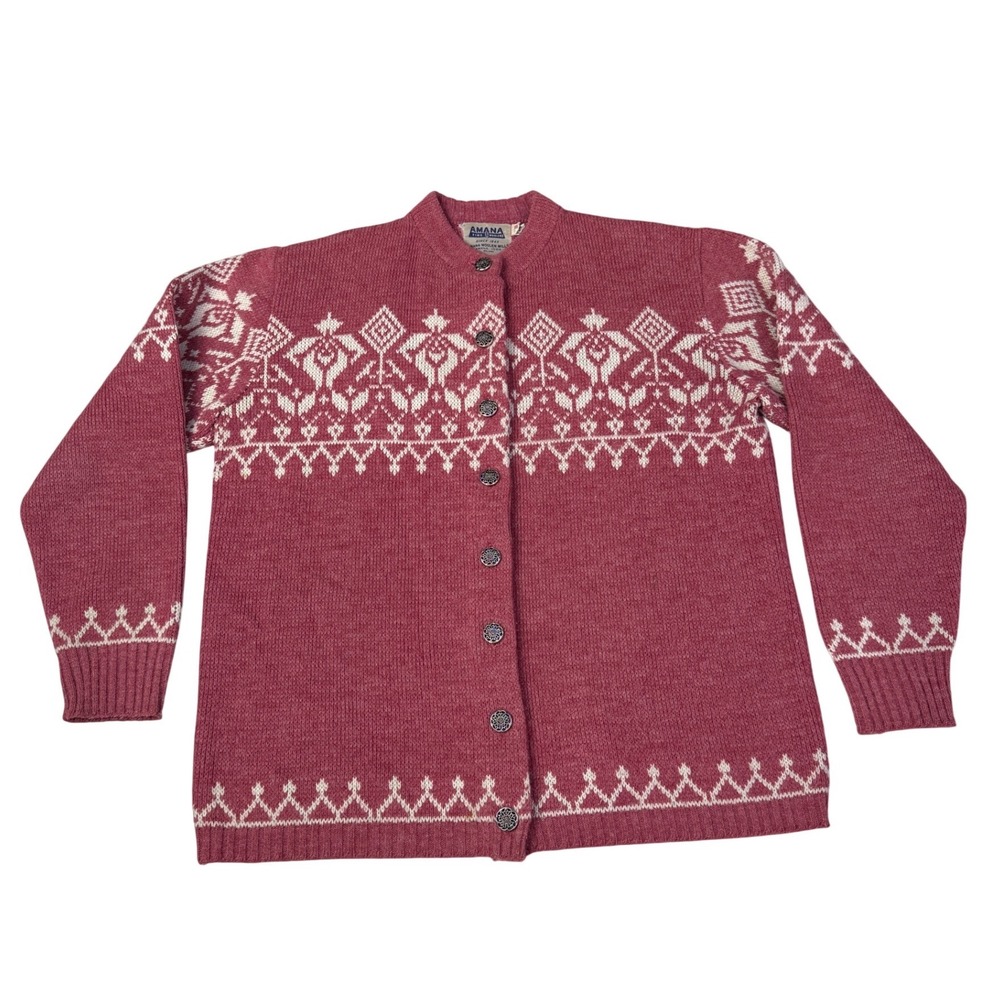Amana Woolen Mills Vintage Nordic Fair Isle Cardigan Berry Pink Women 40 Orlon‎